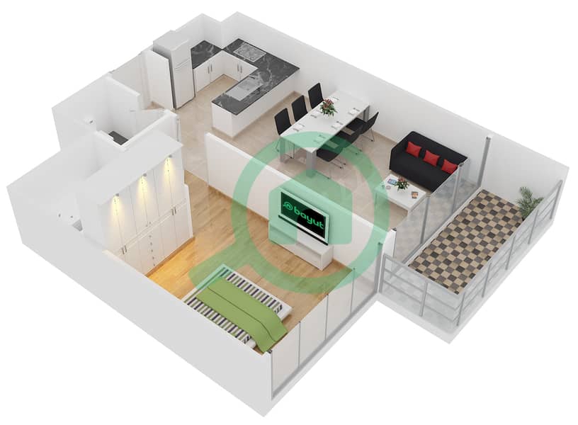 المخططات الطابقية لتصميم الوحدة 3 شقة 1 غرفة نوم - افينيو ريزدنس‬ 2 interactive3D