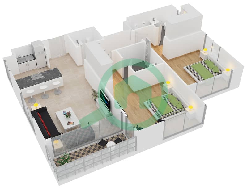大道公寓1号楼 - 2 卧室公寓单位10戶型图 interactive3D