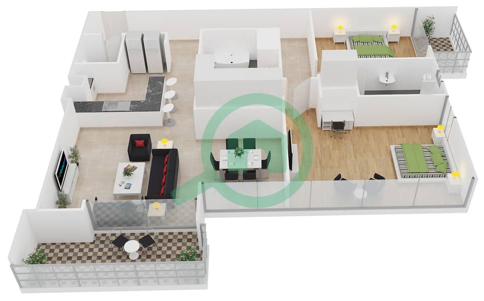 大道公寓1号楼 - 2 卧室公寓单位9戶型图 interactive3D