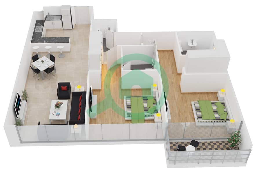 المخططات الطابقية لتصميم الوحدة 8 شقة 2 غرفة نوم - افينيو ريزدنس 1 interactive3D