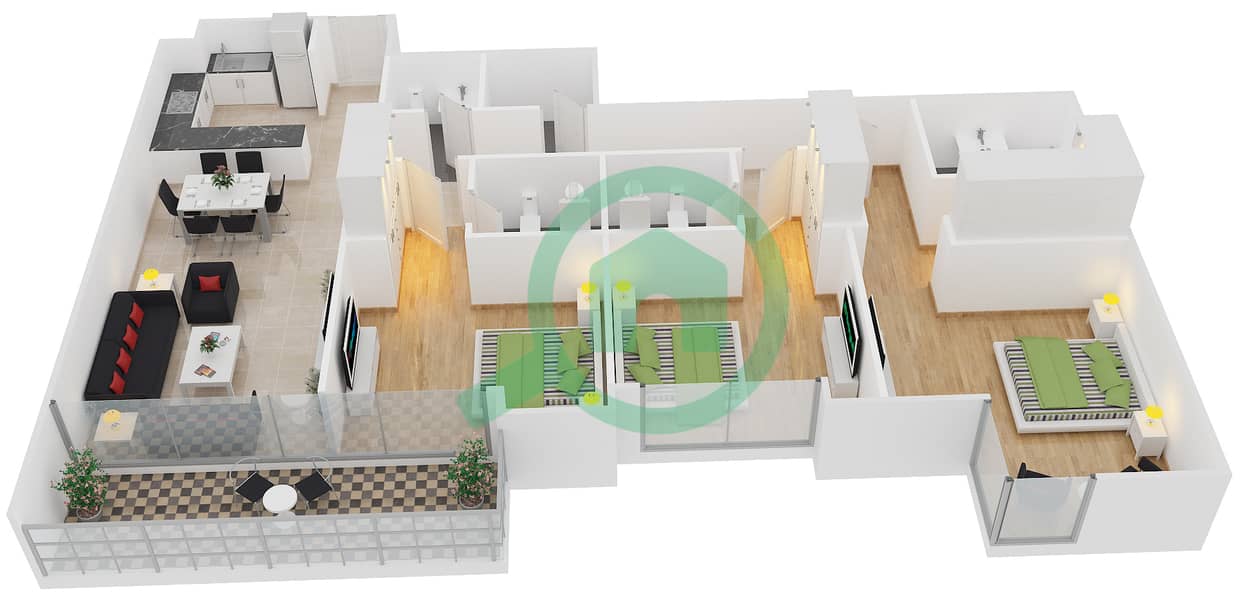 المخططات الطابقية لتصميم الوحدة 6 شقة 3 غرف نوم - افينيو ريزدنس 1 interactive3D