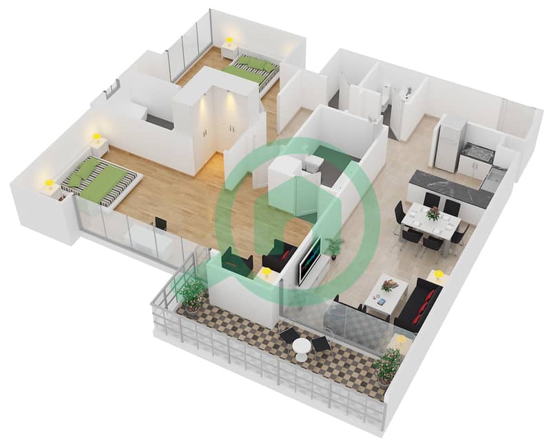 大道公寓1号楼 - 2 卧室公寓单位5戶型图 interactive3D