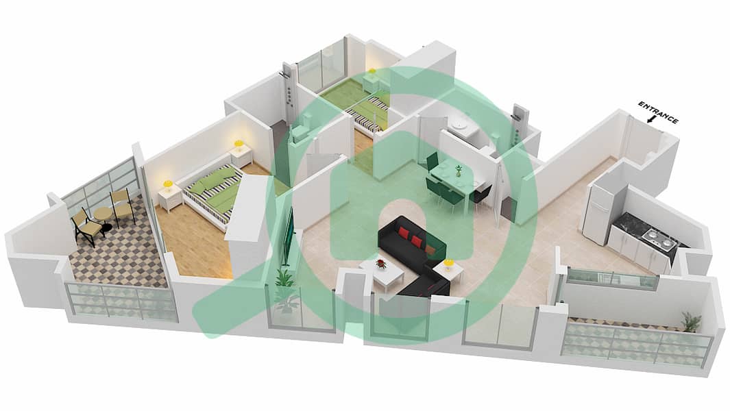 المخططات الطابقية لتصميم النموذج / الوحدة 2A/10    TOWER A شقة 2 غرفة نوم - 15 نورثسايد Floor 17-18 interactive3D
