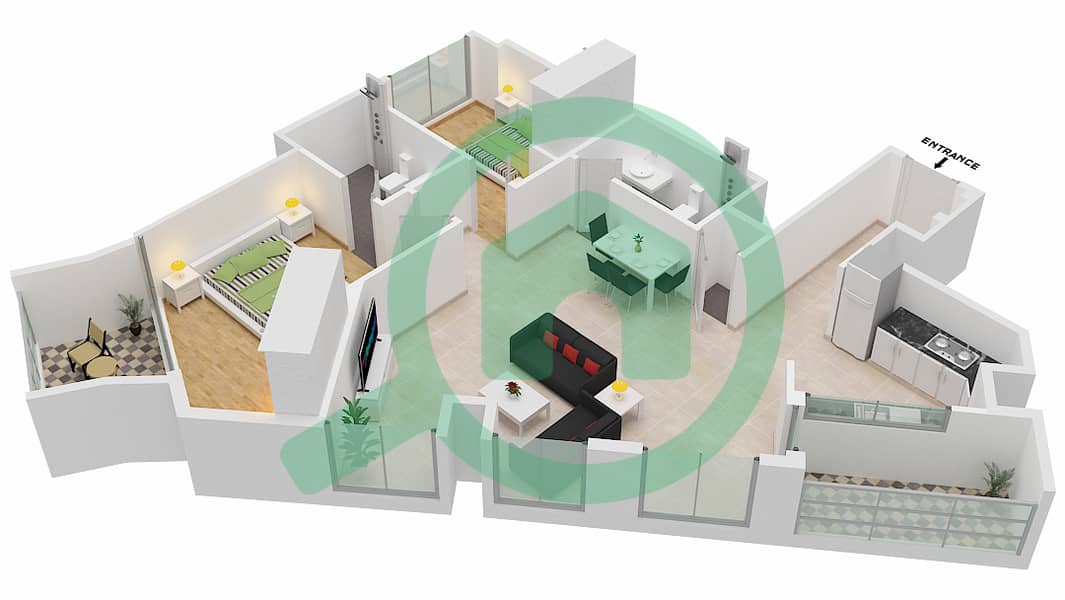 المخططات الطابقية لتصميم النموذج / الوحدة 2A/10  TOWER A شقة 2 غرفة نوم - 15 نورثسايد Floor 9-11 interactive3D