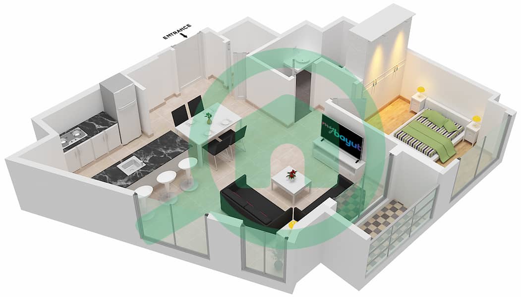 15 Нортсайд - Апартамент 1 Спальня планировка Тип/мера 1A/3 TOWER A Floor 1-21 interactive3D