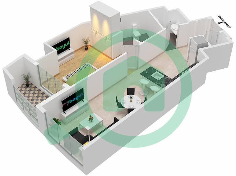 15 Нортсайд - Апартамент 1 Спальня планировка Тип/мера 1C/1  TOWER A Floor 1-8 interactive3D