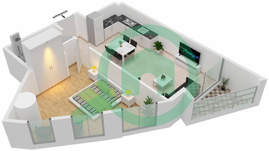 المخططات الطابقية لتصميم النموذج / الوحدة 1E/11  TOWER A شقة 1 غرفة نوم - 15 نورثسايد Floor 10-21 interactive3D