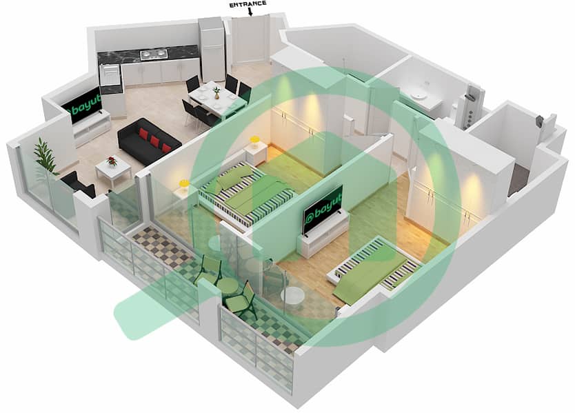 المخططات الطابقية لتصميم النموذج / الوحدة 2B/11  TOWER A شقة 2 غرفة نوم - 15 نورثسايد Floor 1-8 interactive3D