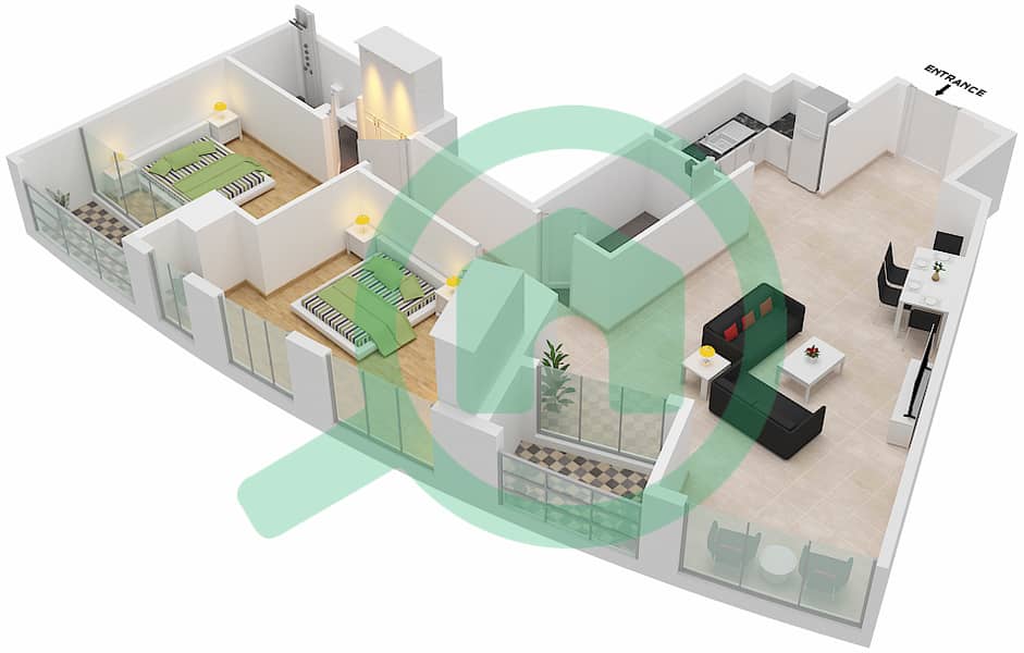 المخططات الطابقية لتصميم النموذج / الوحدة 2C/1  TOWER A شقة 2 غرفة نوم - 15 نورثسايد interactive3D