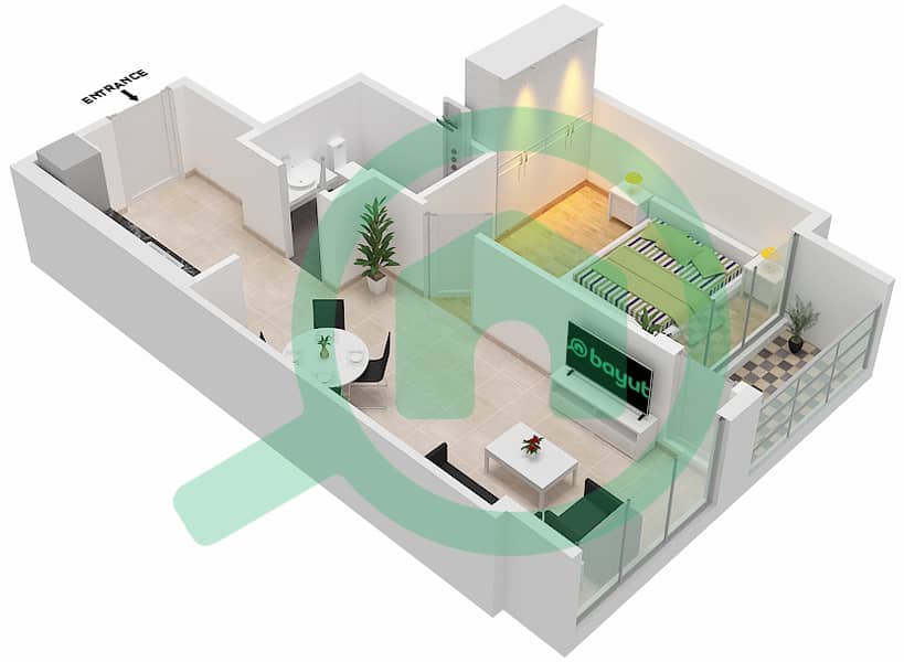المخططات الطابقية لتصميم الوحدة 103  TOWER B شقة 1 غرفة نوم - 15 نورثسايد interactive3D