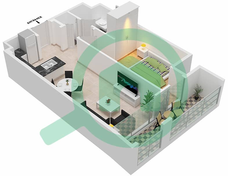 المخططات الطابقية لتصميم الوحدة 109  TOWER B شقة 1 غرفة نوم - 15 نورثسايد interactive3D