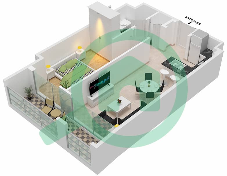 المخططات الطابقية لتصميم الوحدة 110  TOWER B شقة 1 غرفة نوم - 15 نورثسايد interactive3D