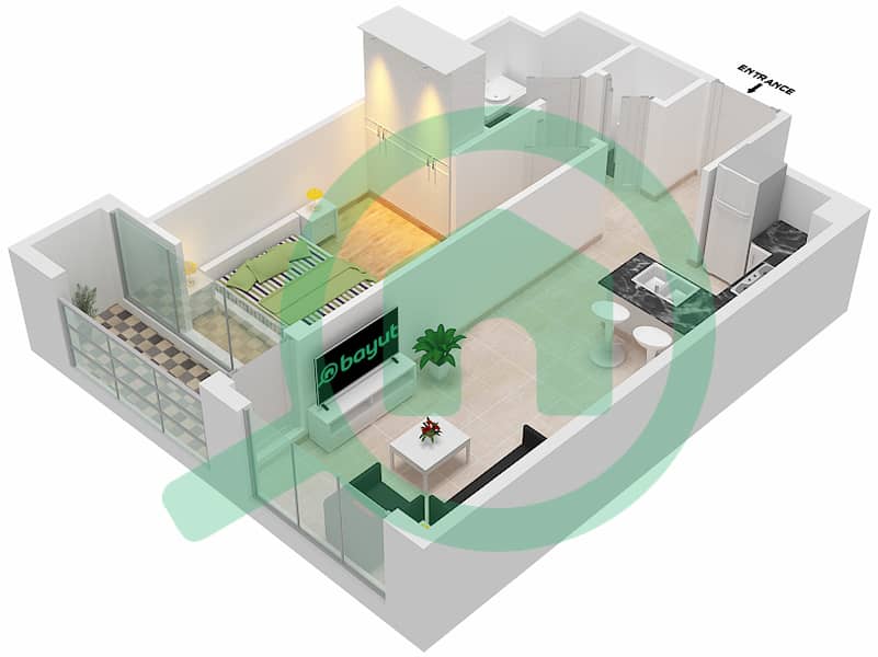 المخططات الطابقية لتصميم الوحدة 108  TOWER B شقة 1 غرفة نوم - 15 نورثسايد interactive3D