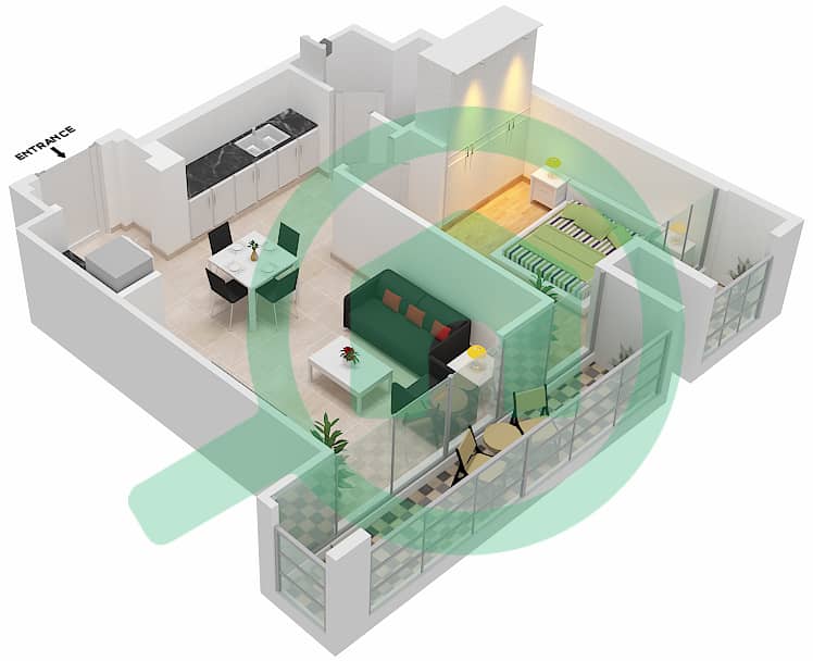 المخططات الطابقية لتصميم الوحدة 101  TOWER B شقة 1 غرفة نوم - 15 نورثسايد interactive3D