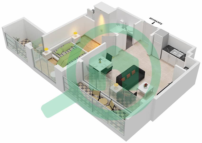المخططات الطابقية لتصميم الوحدة 112    TOWER B شقة 1 غرفة نوم - 15 نورثسايد interactive3D