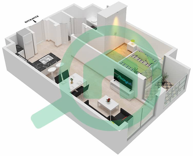 المخططات الطابقية لتصميم الوحدة 205-206  TOWER B شقة 1 غرفة نوم - 15 نورثسايد interactive3D