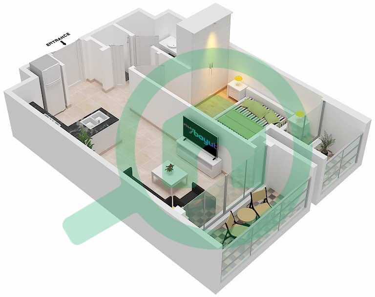 المخططات الطابقية لتصميم الوحدة 207  TOWER B شقة 1 غرفة نوم - 15 نورثسايد interactive3D