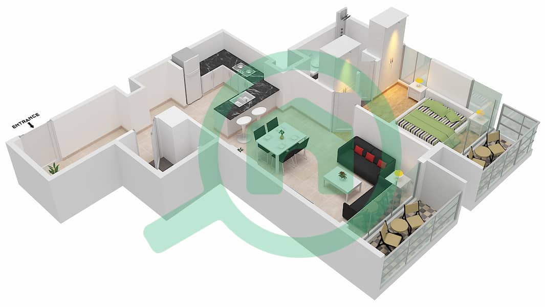 المخططات الطابقية لتصميم الوحدة 202  TOWER B شقة 1 غرفة نوم - 15 نورثسايد interactive3D