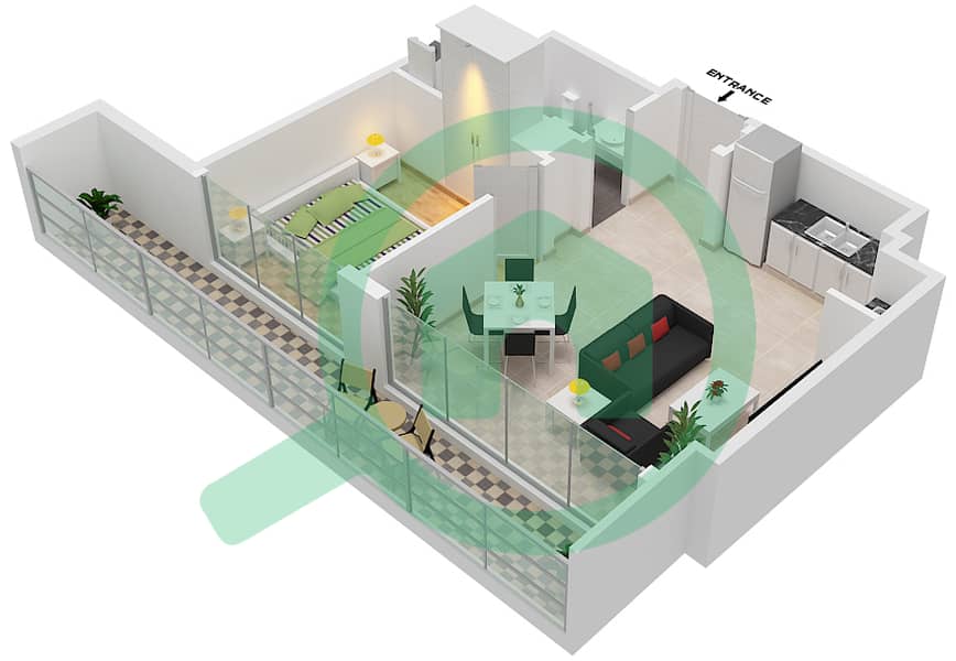 المخططات الطابقية لتصميم الوحدة 712  TOWER B شقة 1 غرفة نوم - 15 نورثسايد interactive3D