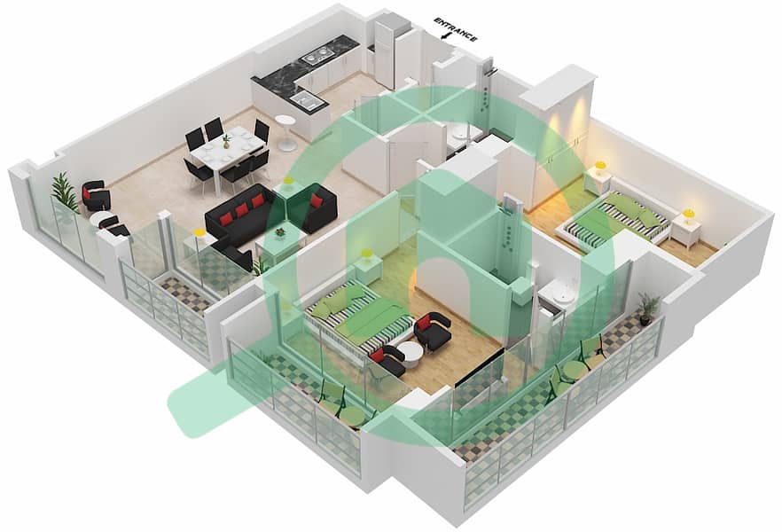 المخططات الطابقية لتصميم الوحدة 602  TOWER B شقة 2 غرفة نوم - 15 نورثسايد interactive3D