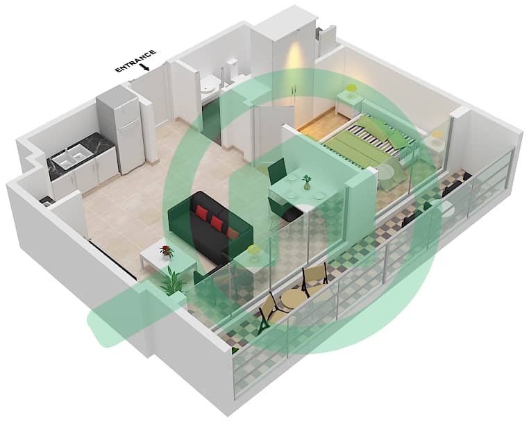 المخططات الطابقية لتصميم الوحدة 711  TOWER B شقة 1 غرفة نوم - 15 نورثسايد interactive3D