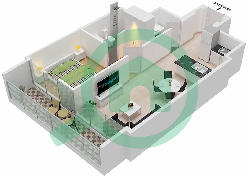 北区15 大厦 - 1 卧室公寓单位703  TOWER B戶型图 interactive3D