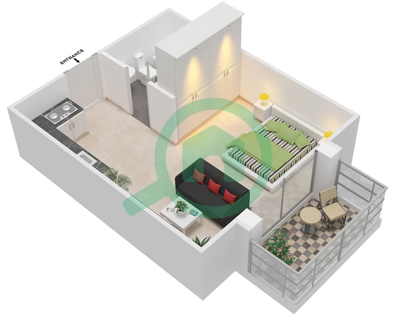 多瑙河畔格拉姆兹公寓 - 单身公寓类型／单位T02/2,3,5,6,7,9,10戶型图 interactive3D