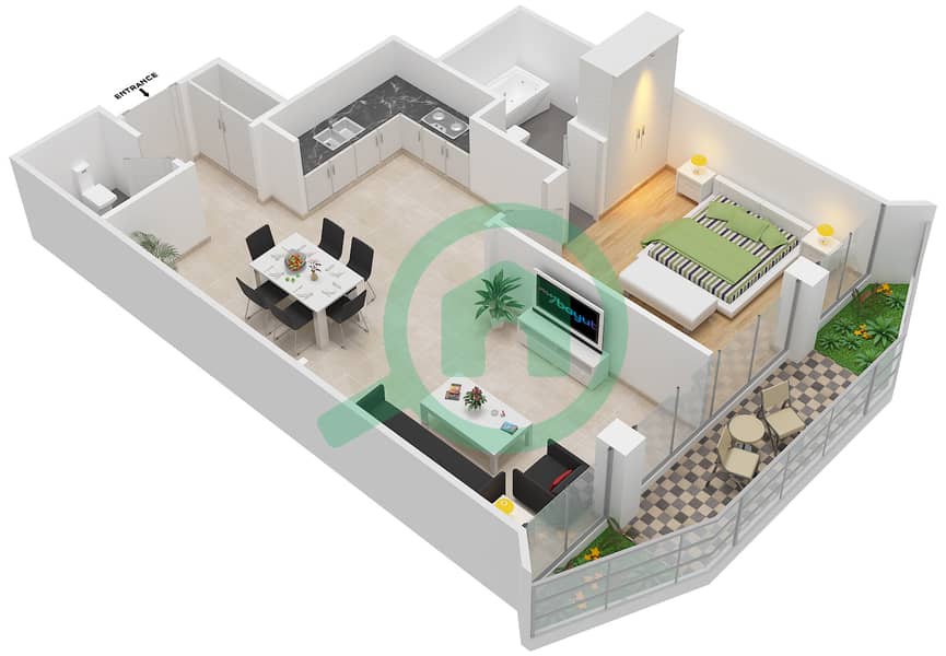 المخططات الطابقية لتصميم النموذج / الوحدة F01/1,4,8,11 شقة 1 غرفة نوم - غلامز من دانوب interactive3D