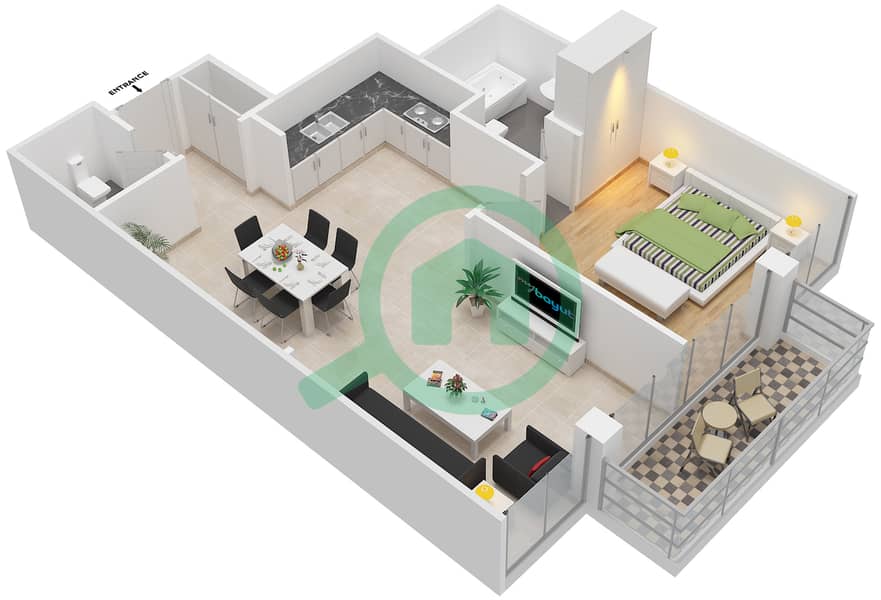 多瑙河畔格拉姆兹公寓 - 1 卧室公寓类型／单位T01/1,4,8,11戶型图 interactive3D