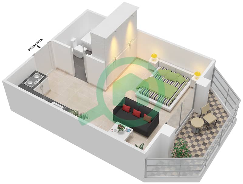 多瑙河畔格拉姆兹公寓 - 单身公寓类型／单位F02/2,3,5,6,7,9,10戶型图 interactive3D