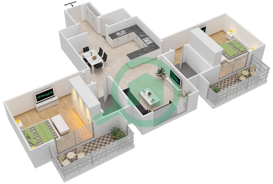 المخططات الطابقية لتصميم النموذج / الوحدة T04/13 شقة 2 غرفة نوم - غلامز من دانوب interactive3D