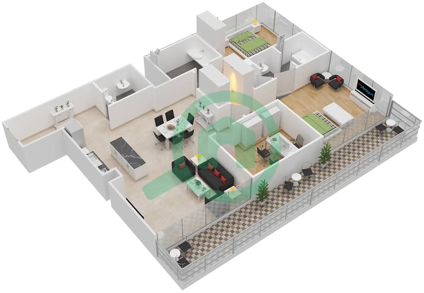 المخططات الطابقية لتصميم التصميم 2BR شقة 2 غرفة نوم - لانغام بليس interactive3D
