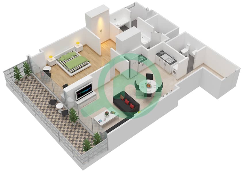 المخططات الطابقية لتصميم التصميم 1BR شقة 1 غرفة نوم - لانغام بليس interactive3D