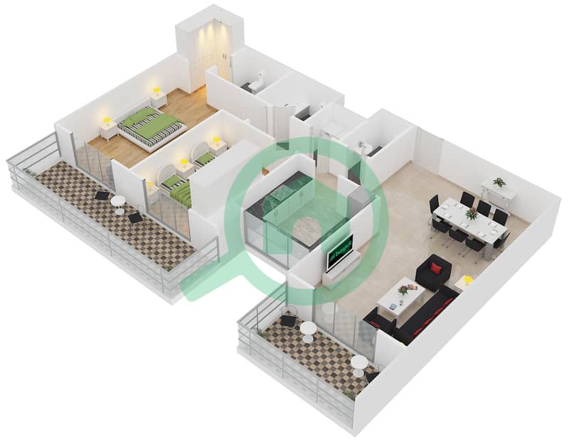 阿齐兹兰花公寓 - 2 卧室公寓类型／单位1B/1戶型图 interactive3D