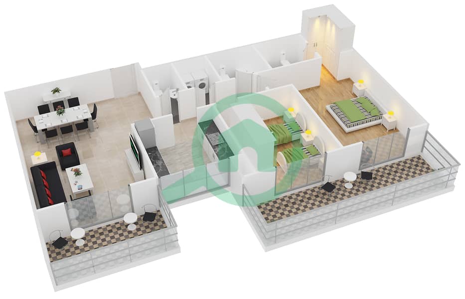 阿齐兹兰花公寓 - 2 卧室公寓类型／单位2B/2戶型图 interactive3D