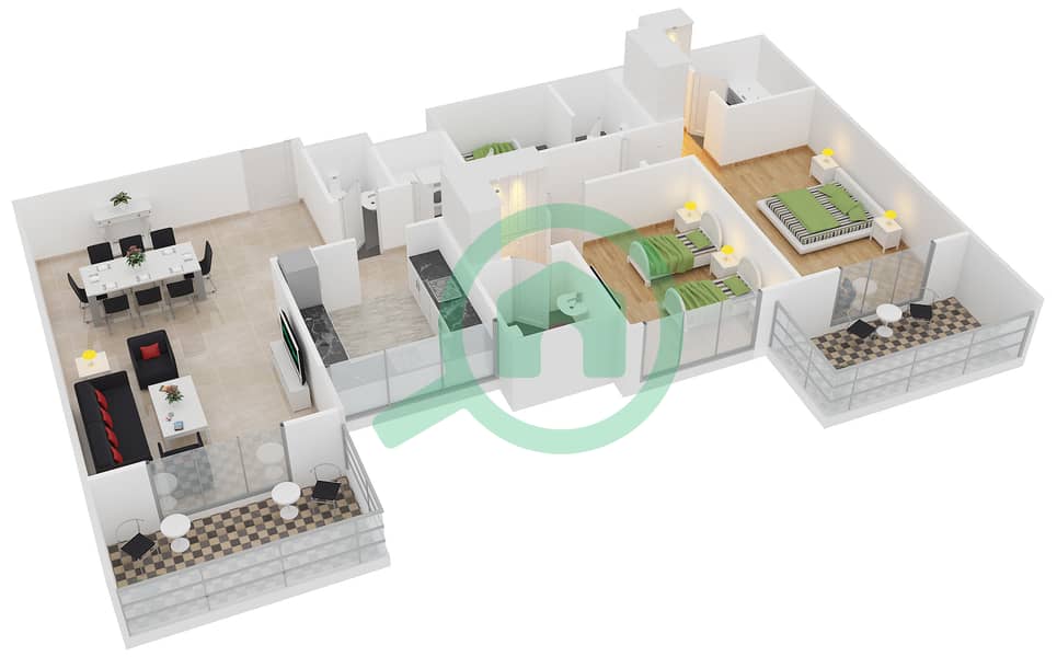 阿齐兹兰花公寓 - 2 卧室公寓类型／单位3B/3戶型图 interactive3D