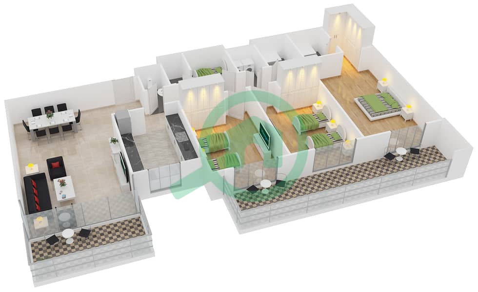阿齐兹兰花公寓 - 3 卧室公寓类型／单位1C/9戶型图 interactive3D