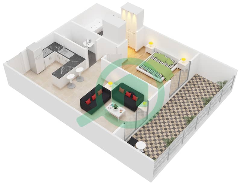 Монтрелл - Апартамент 1 Спальня планировка Тип/мера P1A/01,32 interactive3D