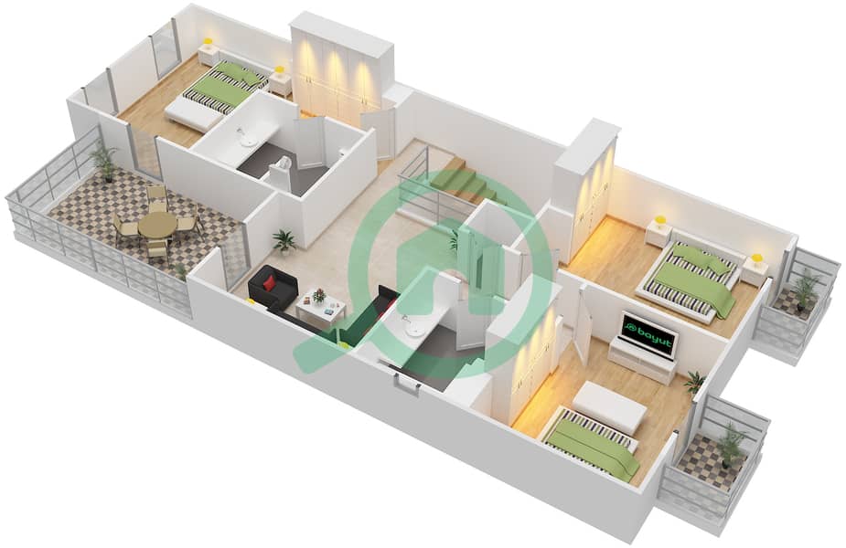 المخططات الطابقية لتصميم النموذج / الوحدة A/END UNIT تاون هاوس 3 غرف نوم - قرطاج interactive3D