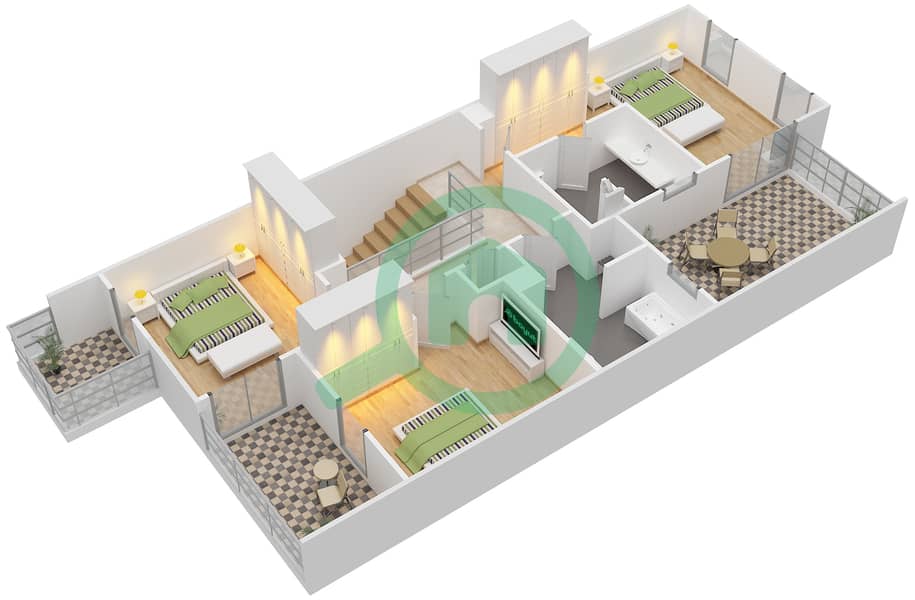 المخططات الطابقية لتصميم النموذج / الوحدة B/MID UNIT تاون هاوس 3 غرف نوم - قرطاج interactive3D