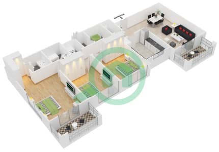 المخططات الطابقية لتصميم النموذج C شقة 3 غرف نوم - عزيزي توليب