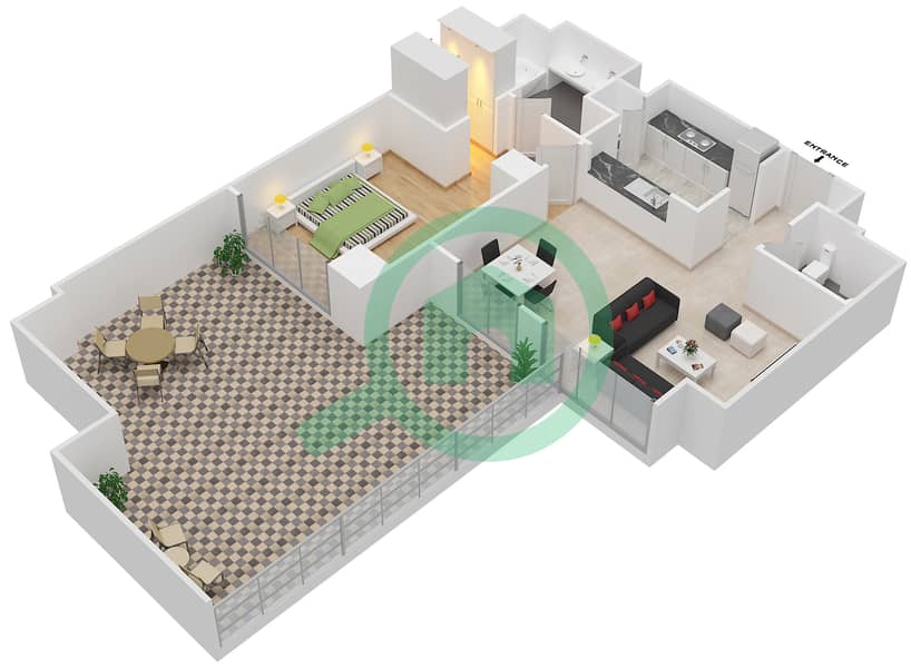 المخططات الطابقية لتصميم الوحدة 5 شقة 1 غرفة نوم - مساكن خور دبي 1 جنوب Floor 3 interactive3D
