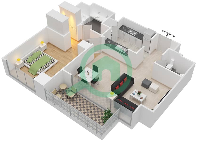 迪拜溪畔公寓1号南大厦 - 1 卧室公寓单位5 FLOOR 4-15戶型图 Floor 4-15,17-37 interactive3D