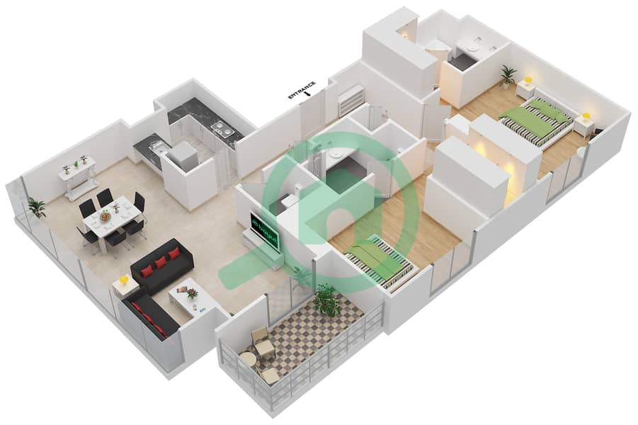 المخططات الطابقية لتصميم الوحدة 1 شقة 2 غرفة نوم - مساكن خور دبي 1 جنوب Floor 4-37 interactive3D