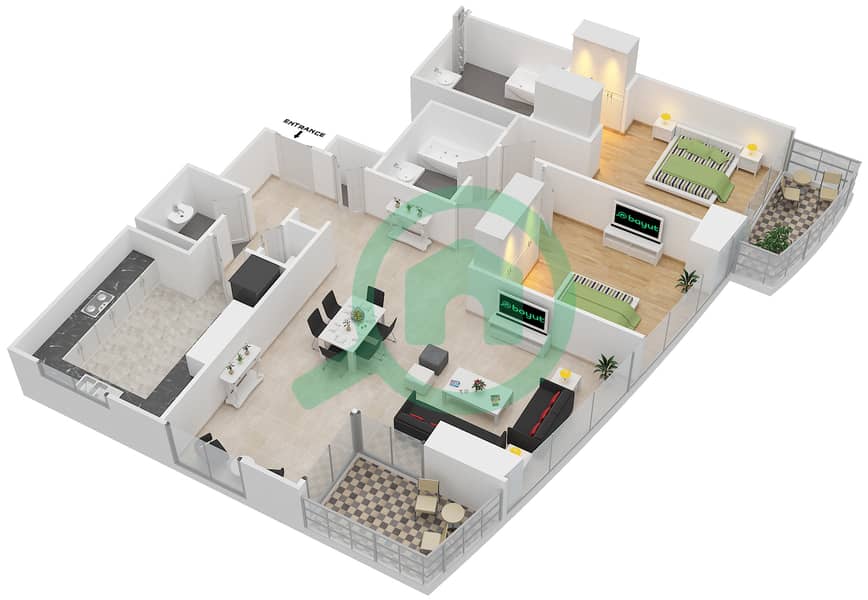 المخططات الطابقية لتصميم الوحدة 3 شقة 2 غرفة نوم - مساكن خور دبي 1 جنوب Floor 3-15,17-34 interactive3D