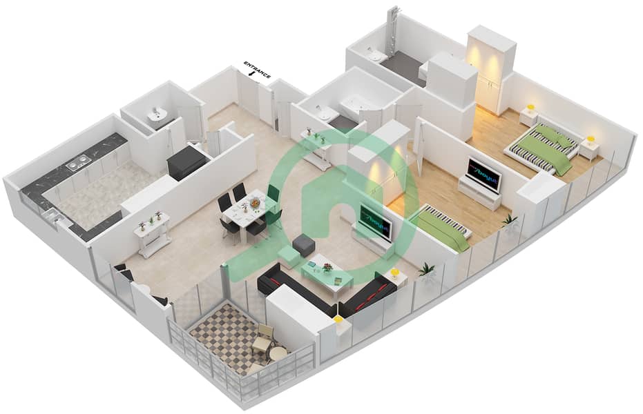 迪拜溪畔公寓1号南大厦 - 2 卧室公寓单位3 FLOOR 35-37戶型图 Floor 35-37 interactive3D
