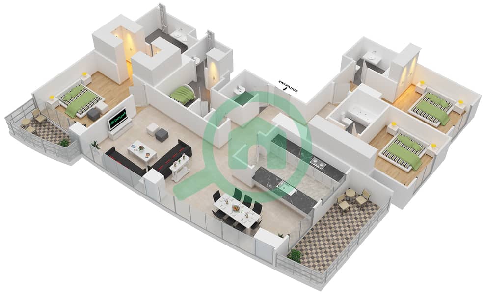 Dubai Creek Residence Tower 1 South - 3 Bedroom Apartment Unit 2 Floor plan Floor 3-15,17-34 interactive3D