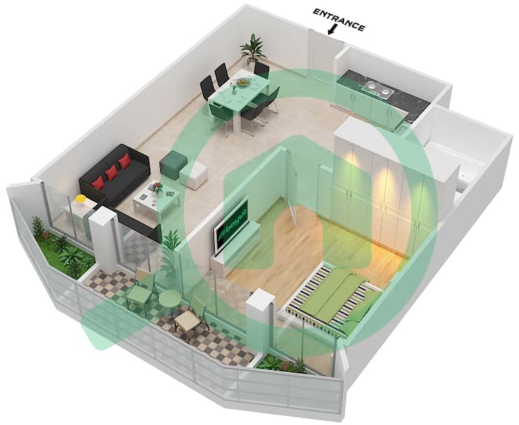 المخططات الطابقية لتصميم النموذج / الوحدة F01/1,5,9,13 شقة 1 غرفة نوم - ريتز ريزيدنس interactive3D