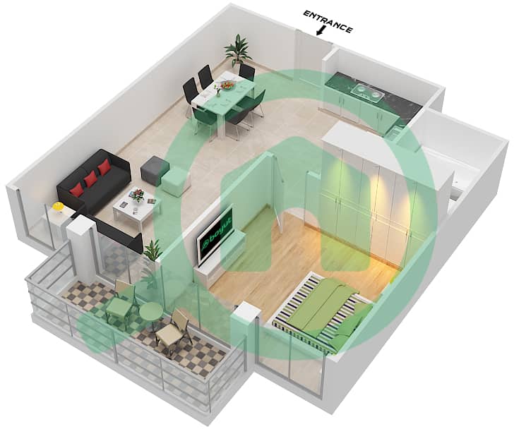 المخططات الطابقية لتصميم النموذج / الوحدة T01/1,5,9,13 شقة 1 غرفة نوم - ريتز ريزيدنس interactive3D