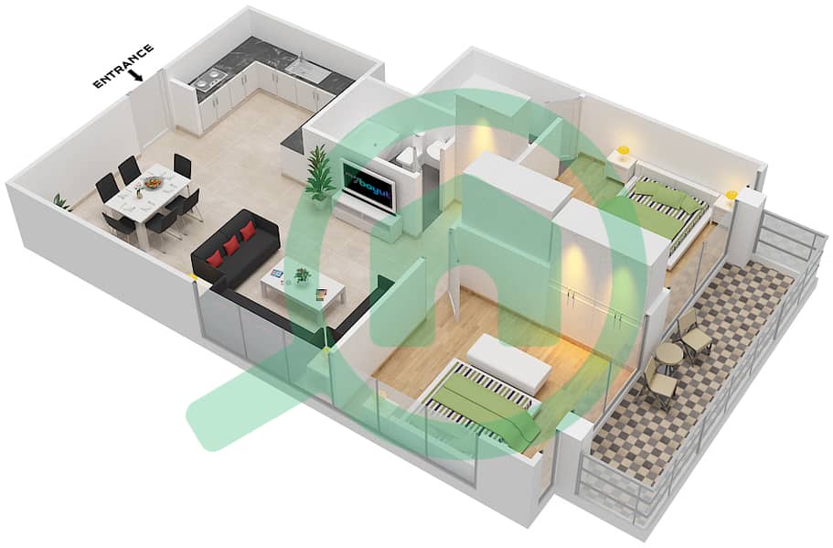 المخططات الطابقية لتصميم النموذج / الوحدة T04/14,15 شقة 2 غرفة نوم - ريتز ريزيدنس interactive3D